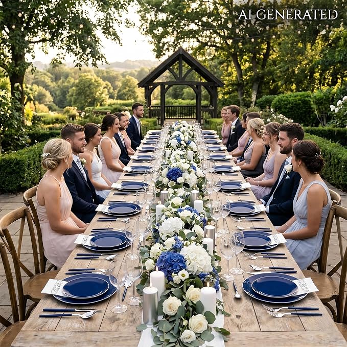KIRE 175Pcs Blue Plastic Plates with Silver Rim & Disposable Silverware with Blue Handle & Silver-rim Cups & Hand Napkin & Plastic Dinnerware for Parties/Wedding/4th of July