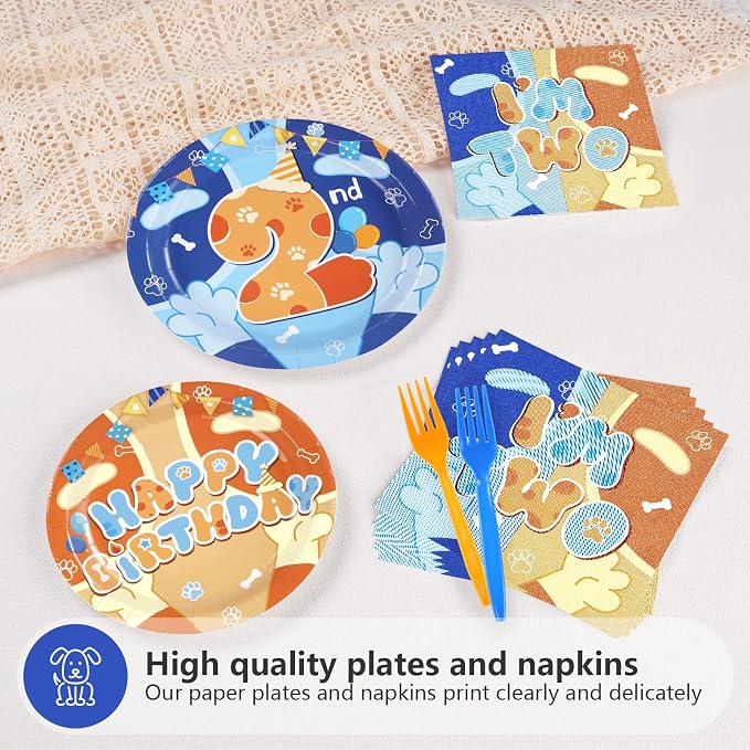 Grencian 96PCS Blue Cartoon Dog 2nd Birthday Decorations I'm Two Blue Cute Dog Party Plates Disposable Cartoon Dogs Tableware for Boys Girls Cute Dogs 2nd Birthday Party Decorations, Serves 24