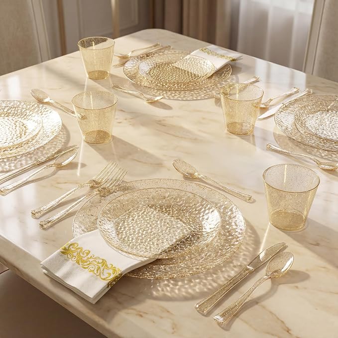 Rubtlamp 175 Pcs Gold Glitter Plastic Plates, Hammered Disposable Plates Set (25 Guests), Glitter Dinnerware Set Include 50 Plastic Plates, 75 Glitter Silverware, 25 Cups And 25 Napkins for Party