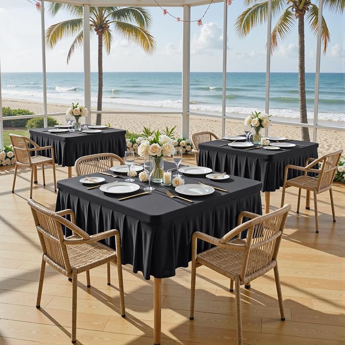 Wish Care Black Spandex Tablecloths for 48x48 Inch Square Tables, Stretch Fitted Table Clothes with Pleated Ruffle Skirt for 48” Table, Wrinkle Free and Elastic, for Party Kitchen Home Dining
