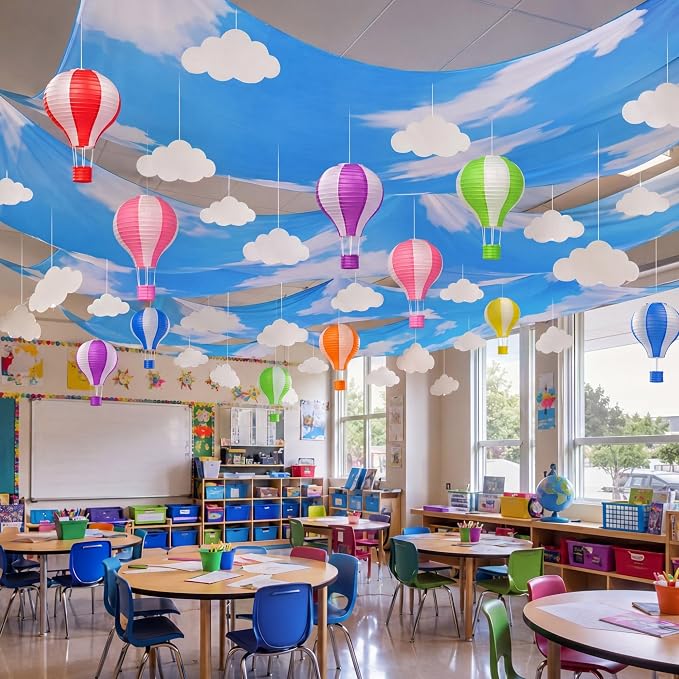 46 Pcs 2026 Hot Air Balloon Hanging Ceiling Decoration for Classroom 24" x 13ft Blue Sky and Clouds Banner 3D Paper Lantern Cloud Hanging Ornament, Hook for Back to School Party Class Decor