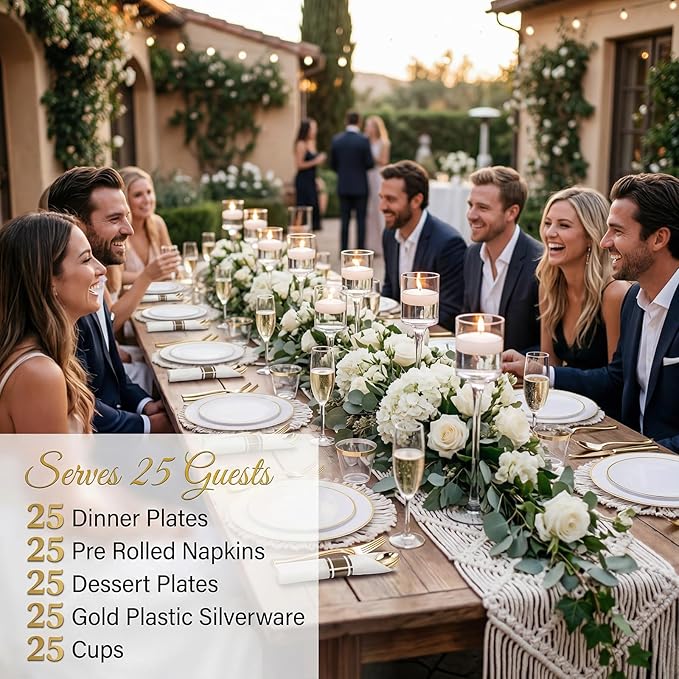 KIRE 175PCS Gold Plates Disposable - Heavy Duty White and Gold Plastic Plates Dinnerware Sets - 25 for Dinner 25 for Dessert 25 Pre Rolled Napkins and 25 Cups for Birthday/Ramadan/Wedding/Mother's Day