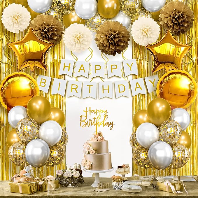 KatchOn, Gold Birthday Decorations Set - Pack of 45 | Happy Birthday Banner, Star Balloons, Pom Poms, Balloons for Gold Party Decorations | Bday Decorations for women, Men