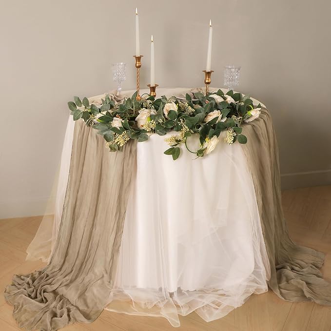 Snowkingdom Nude Brown Cheesecloth Table Runner Taupe Light Tan 120 Inch Long 10FT Boho Rustic Neutral Gauze Sheer Runner for Wedding Baby Shower Birthday Christmas Holiday Party Decorations