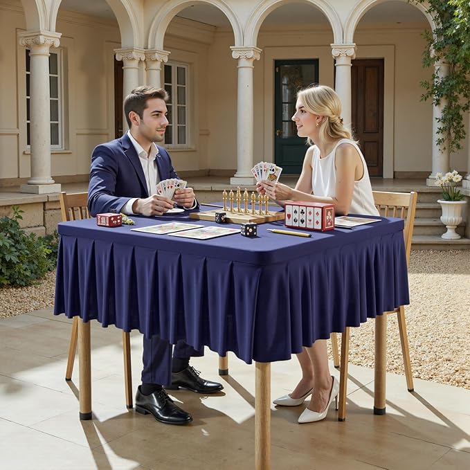 Wish Care Navy Blue Spandex Tablecloths for 54x54 Inch Square Tables, Stretch Fitted Table Clothes with Pleated Ruffle Skirt for 54” Table, Wrinkle Free and Elastic, for Party Kitchen Home Dining