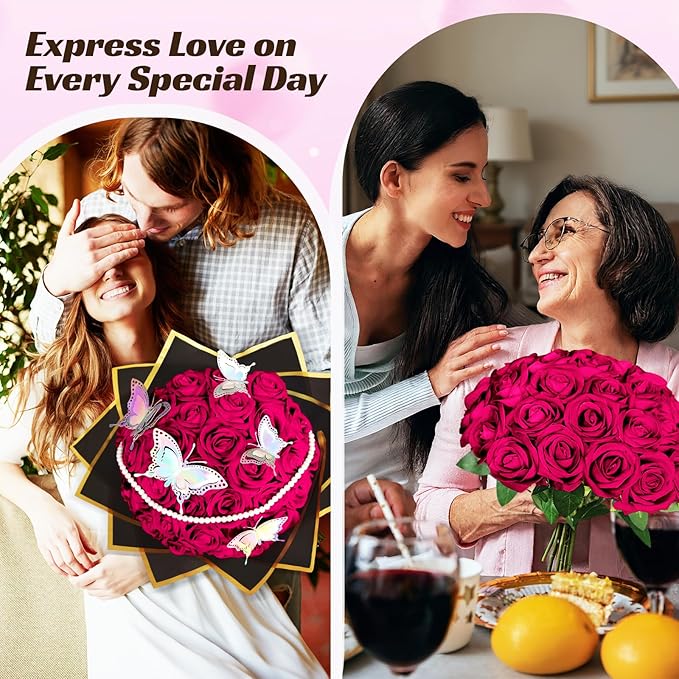50 Pcs Fake Roses Burgundy Artificial Flowers Bulk, Faux Velvet Silk Rose Bouquet with Long Stems Real Look for Wedding Party Centerpieces Vases Decor