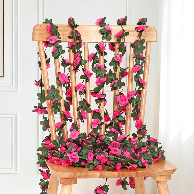 KHOYIME 9 Pack 72 FT Artificial Flower Garland, Fake Hot Pink Roses Vines Silk Flowers Faux Plastic Outdoor Hanging Floral Ivy Garland Decoration for Wedding Arch Bedroom Home Wall Backdrop Room Decor