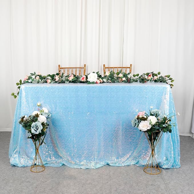 ShiDianYi Aqua Tablecloth Rectangle 90X156 Inch Sequin Fabric Table Cloth Iridescent Sequined Table Overlay Glitter Linen Blue Mermaid Fabric for Birthday Party