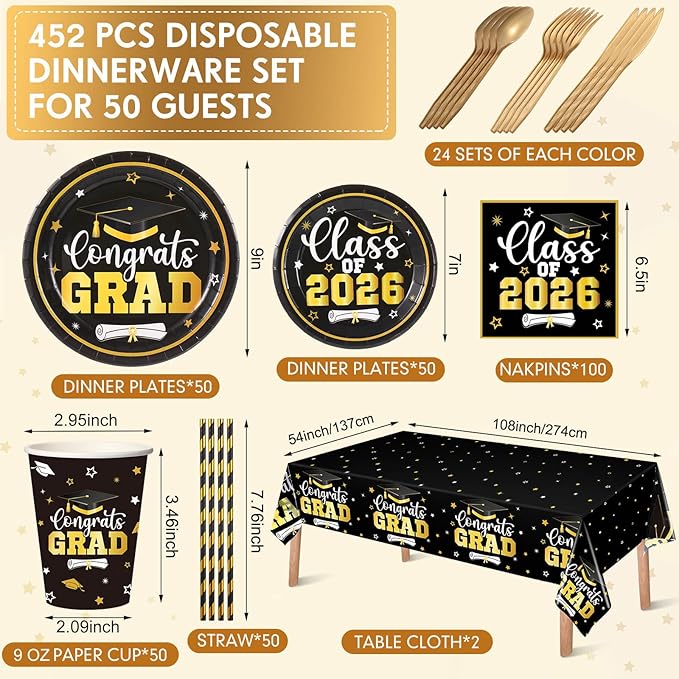 Funnymoom 452 Pcs Class of 2026 Graduation Party Decorations Supplies Include Black and Gold Graduation Paper Plates Napkins Cups Tablecloth Cutlery Straws for Congrats Grad Party
