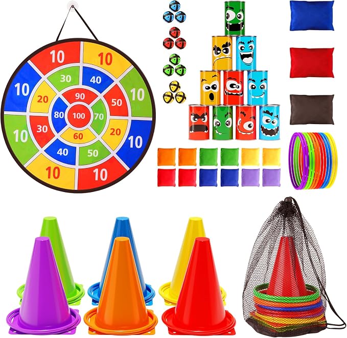 Redllo 58PCS Carnival Games Combo Set, Dart Board Knock Down Can Bean Bag Toss Game Party Indoor Outdoor Birthday Party Fall Festival Field Day for Kids Adults Yard Plastic Cones Outside Games