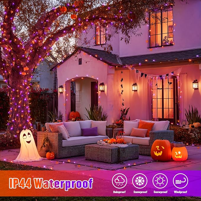 JMEXSUSS 2 Pack Solar String Lights Outdoor Waterproof, Total 66 FT 200 LED Solar Christmas Lights Outdoor, Twinkle Light for Christmas Tree Outside Garden Yard Xmas Decor, Orange and Purple