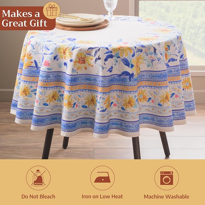 Maison d' Hermine Table Cloth Round Table 100% Cotton 69 Round Inches Tablecloth Reusable Decorative for Dining Kitchen Room Farmhouse Party Home Hotel Restaurant Spring Summer - Girassol
