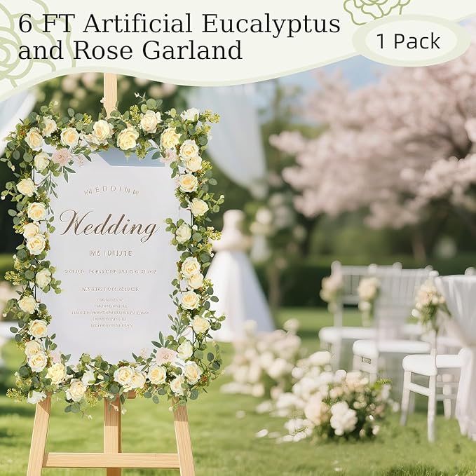 Lewondr Artificial Eucalyptus Garland with Flower - 8 Roses, 6FT Faux Floral Greenery Garlands Fake Flowers Vines, Maintenance-Free for Wedding Table Backdrop Party Centerpiece Room Decor, Champagne