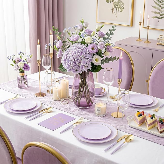 DaYammi 150Pcs Purple Plastic Plates with Gold Rim,Disposable Plastic Plates Include 30 Dinner Plate,30 Salad Plate,30 Forks,30 Spoons,30 Knive,Purple Disposable Platos for Party Wedding Mother's Day