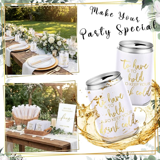 Hoteam 25 Sets White Wedding Party Favors for Guests Bulk Including Can Cooler and Paper Folding Fans with Wedding Decor Table Sign Cheers to Love for Bridal Shower Party Souvenir(Classical)