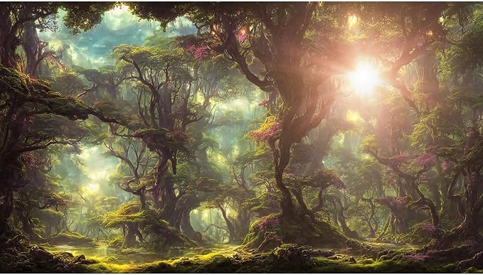 Fantasy Forest Backdrop Fairytale Forest with Sunbeams Fog Photography Background Enchanted Forest Landscape Jungle Style Party Banner Decorations Portrait Photo Studio Props Vinyl 15x8ft