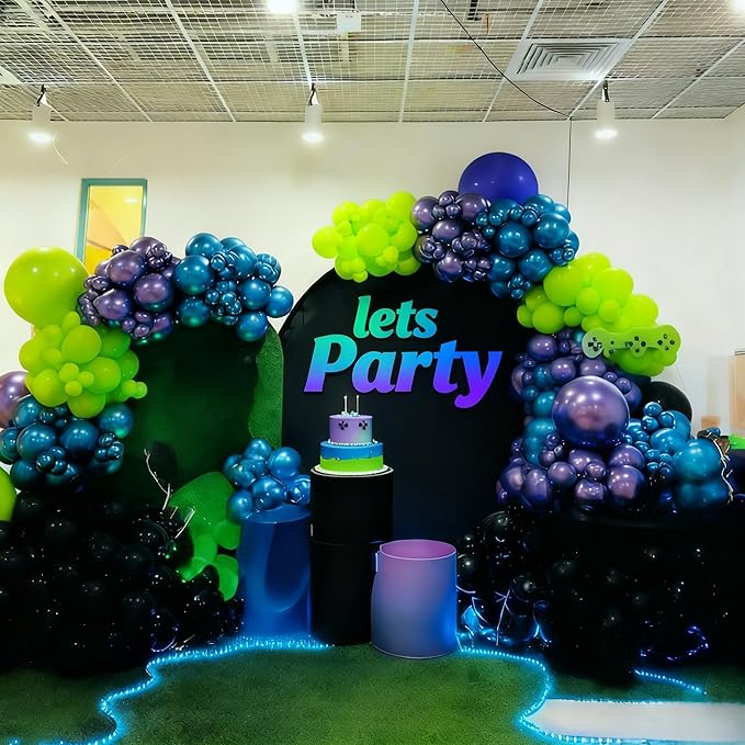 Blue Purple Balloon Garland Arch Kit, 104 PCS Metallic Purple Blue Black and Green Balloons with Star Balloons for Kids Boys Video Game Night Birthday Party Decorations