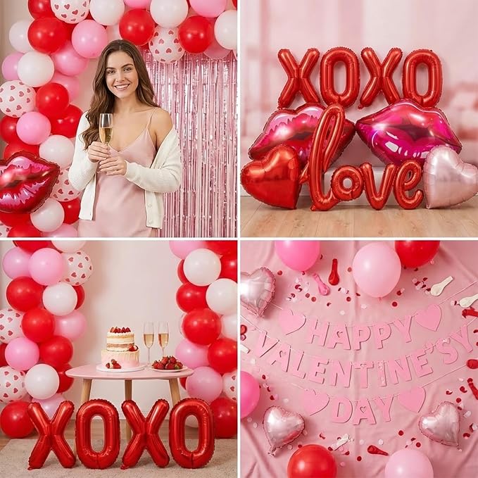 Valentines Day balloon garland arch kit with Banner red Hot pink and love lip heart XOXO balloons for Valentines galentines Day Proposal decorations Hotel Room Surprise