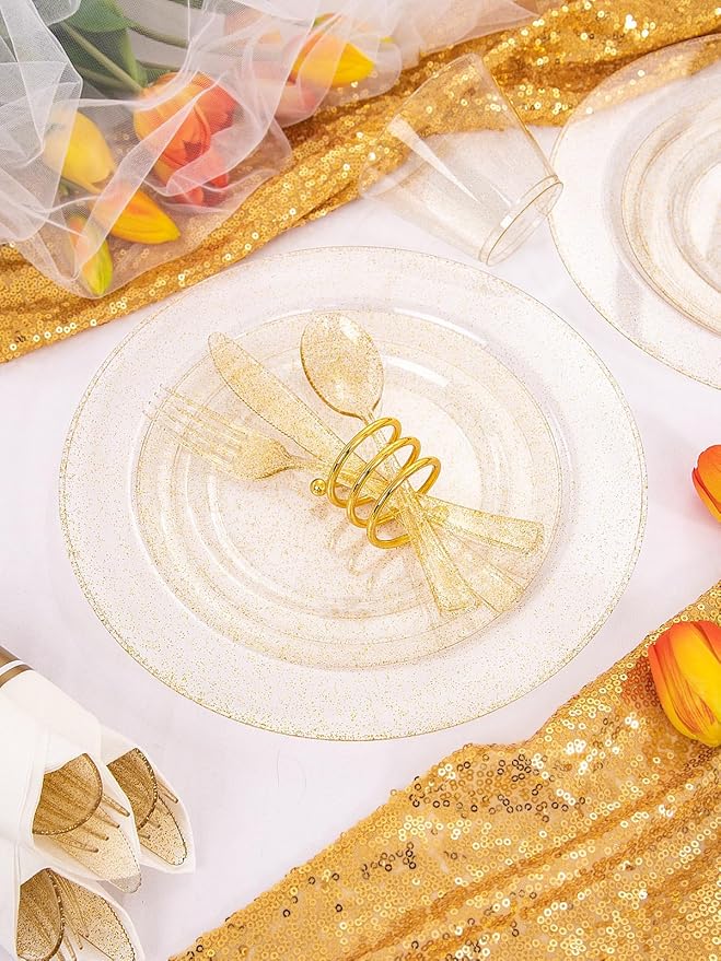 DaYammi 112Pcs Gold Glitter Plastic Plates,Gold Disposable Dinnerware - Gold Plastic Plates Includes 16 Dessert Plate,16 Dinner Plate,16 Per Rolled Napkins with Cutlery and Cups for Party Wedding
