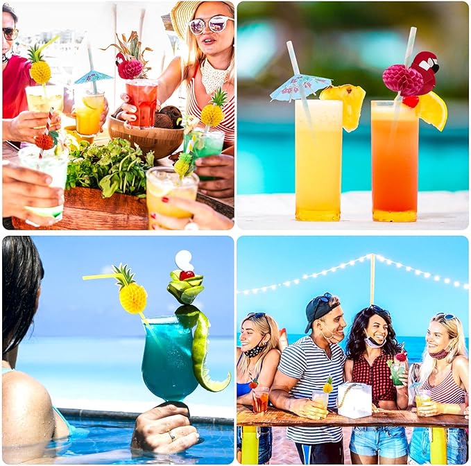 100PCS Flamingo Fruit Paper Straws,Disposable Plastic Drinking Straws,Tropical Hawaiian Beach Summer Pool Party Cocktail Decorations - Assorted Colors
