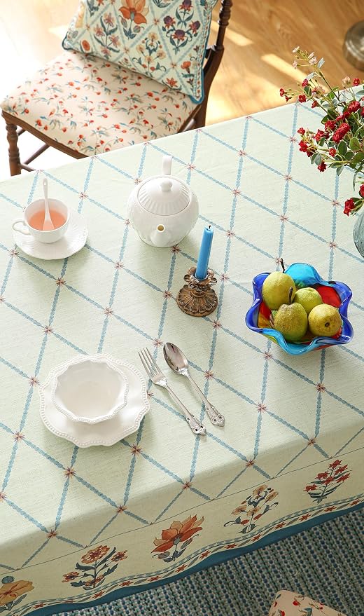 ISAENNE Designer Vintage Linen Rectangular Tablecloth,87"x55"-Floralsea B | French Elegant Printed Table Cloth for Rectangle Table,Floral Pattern,Decor,Heavyweight,Dining Room,Kitchen,Thanksgiving