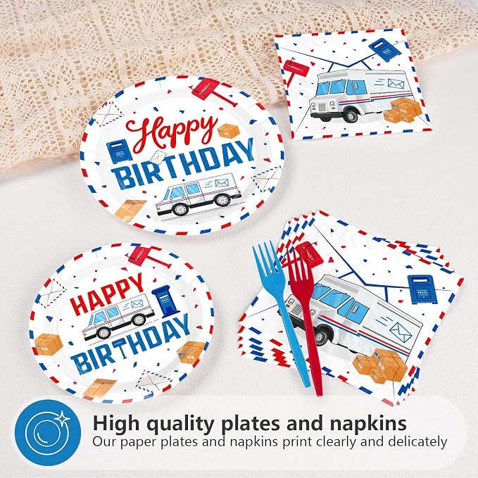 96 Pcs Mailman Party Supplies Red Blue Mail Happy Birthday Plates and Napkins Disposable Mail Truck Mailbox Tableware Set for Postal Worker Birthday Party Decorations Serves 24