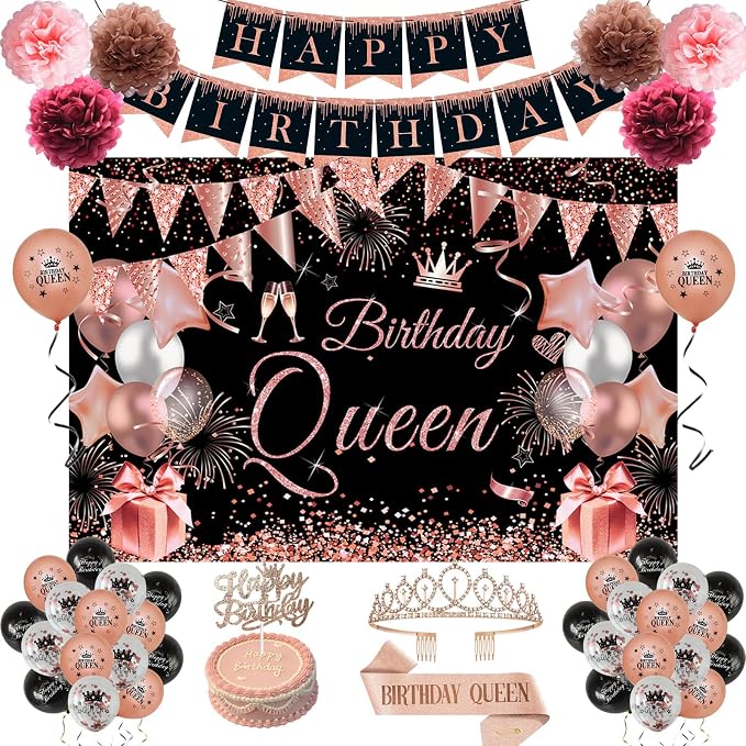 Happy Birthday Decorations for Women Girls, Black Rose Gold Birthday Party Decor Include Sash and Crown, Balloons, Banner, Backdrop, Cake Topper & 6pcs Paper Pom Poms (Black rose gold)