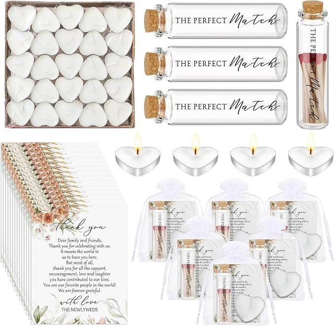 50 Sets Wedding Party Favors for Guests Bulk Including Heart Shaped Candles and Empty Matches Jars with Cork Top Thank You Cards and Organza Bags for Wedding Bridal Shower Party (Boho Flower)