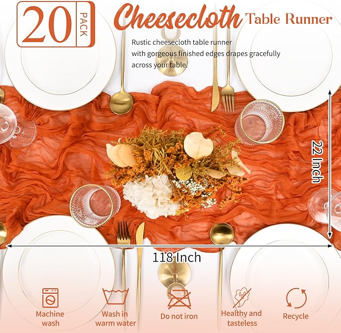 20 Pack Orange Table Runner 10FT Long Cheesecloth Table Runner Cheese Cloth Gauze for Wedding Party Birthday Decoration-Orange