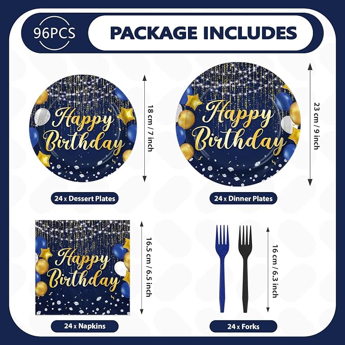 96Pcs Blue and Gold Birthday Party Decorations for Navy Blue Gold Disposable Plates and Napkins Tableware Set Happy Birthday Decorations for Men Women Bday Party Supplies Serves 24
