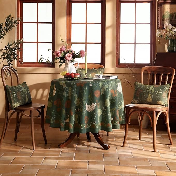 ISAENNE Designer Linen Green Round Tablecloth,Diameter 67"-Nocturne | Vintage Elegant Table Cloth for Round Table,Floral Pattern,Decoration,Heavyweight,Dining,Kitchen,Tea Party,Thanksgiving