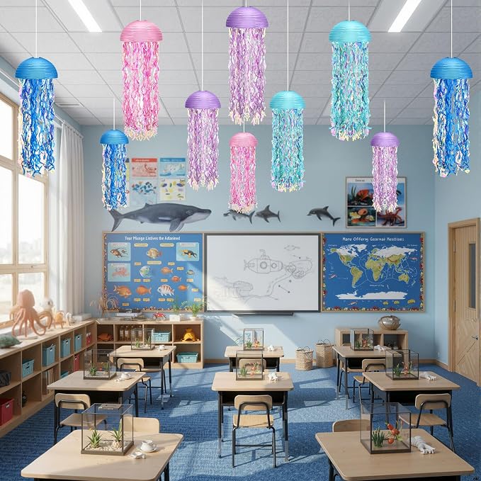 Baquler Set of 12 Jellyfish Paper Lanterns 10 Inch Semicircle Lanterns Hanging Decoration for Mermaid Sea Ocean Birthday Party Decorations (Pink, Light Blue, Light Purple, Royal Blue)
