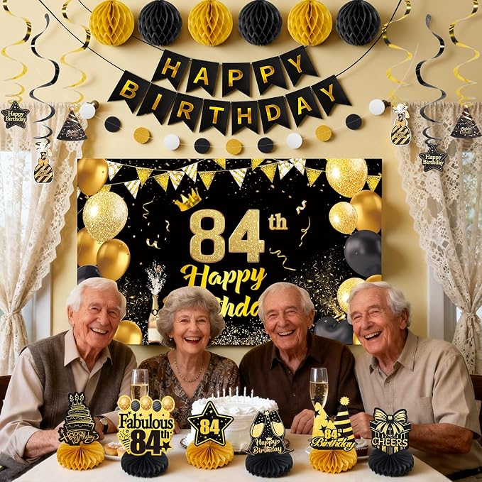 Happy Birthday Party Decoration Set: Including Birthday Banner Backdrop, Party Table Centerpieces and Hanging Swirl Party Streamers, Birthday Decor for Men and Women (Gold/Black, 84th Birthday)