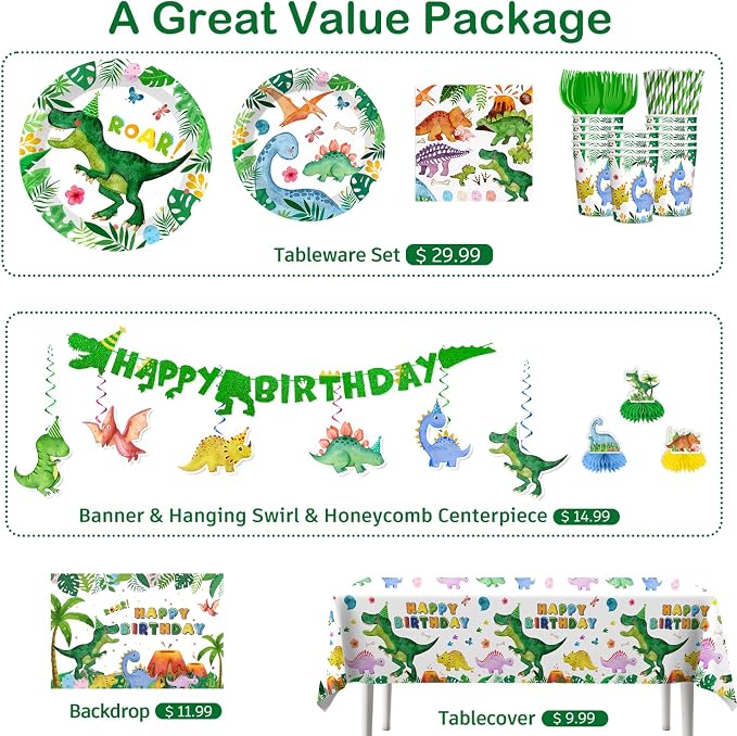356pcs Dinosaur Birthday Decorations Serves 50, All-in-one Set with Dinosaur Plates and Napkins Set, Banner, Tablecloth, Cupcake Topper, Etc, for Boy Birthday Decorations and Dinosaur Theme Party