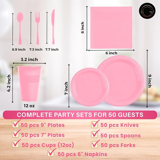 Grandipity 350 Piece Pink Disposable Dinnerware Set, Includes 50 of Each: 9" Dinner Plates, 7" Dessert Plates, 12oz Cups, Paper Napkins, Forks, Knives & Spoons