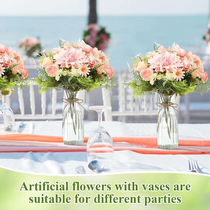 Reallnaive 30 Pack Artificial Flowers Table Centerpieces Decorations with Plastic Vase Wedding Mason Jar 20 Bundles Silk Floral Bouquet 10 Clear Vase with Rope for Party Decor(Dahlia,Pink)