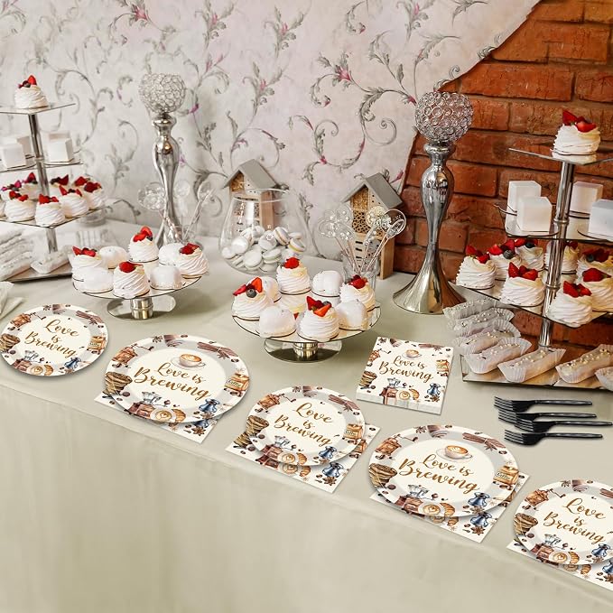 96Pcs Love Is Brewing Party Decorations Bridal Shower Tableware Coffee Theme Plates Napkins Forks Love is Brewing Coffee Dinnerware Party Supplies for Engagement Bachelorette Party Serves 24 Guests