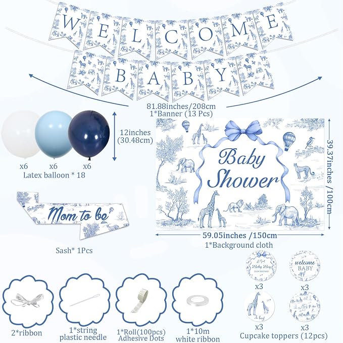 Blue Safari Baby Shower Decorations Safari Animals Theme Welcome Baby Banner Backdrop Cupcake Toppers Mom to Be Sash with Balloons Kit for Boys Baby Shower Gender Reveal Party Supplies