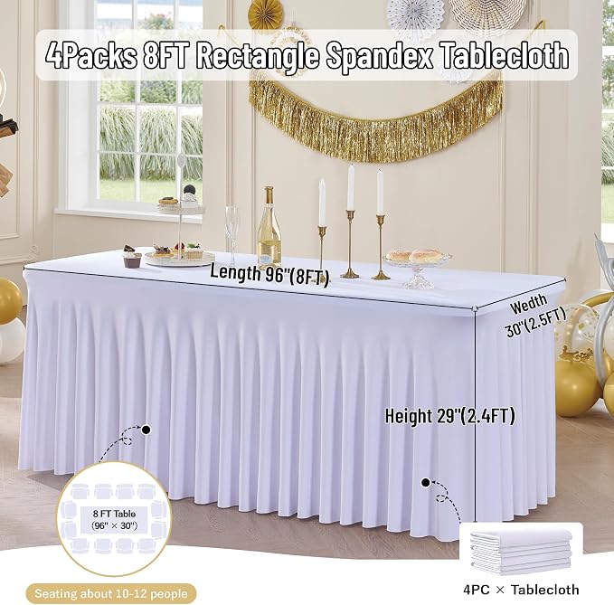 leegleri 4 Pack White Spandex Table Clothes for 8 Foot Rectangle Tables, Wrinkle Free 8ft Fitted Table Cover, Spandex Table Skirt for 8FT Rectangle Tables-for Banquet Weddings Parties
