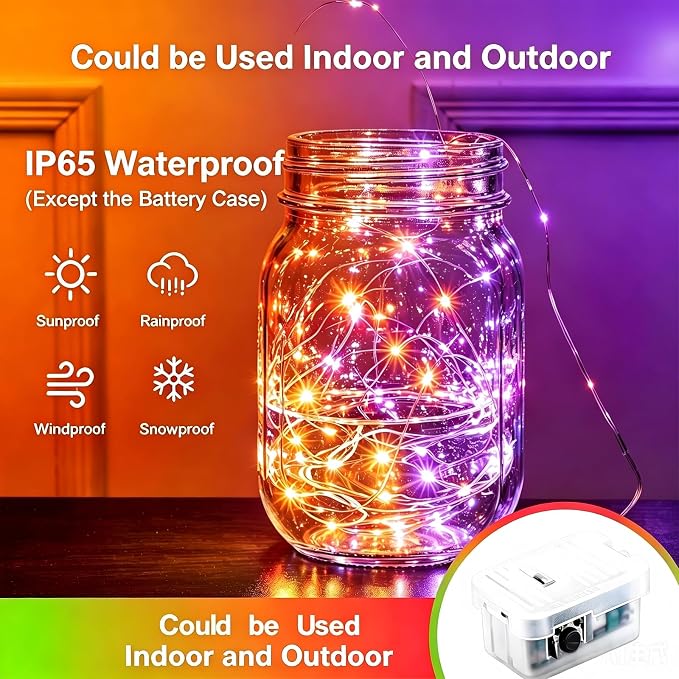 AIKEI 12 Pack Halloween Fairy Lights Battery Operated, Orange and Purple Mini String Lights Waterproof 7ft 20 Led Firefly Starry Lights 3 Lighting Modes for Party Bedroom Garden Halloween Decoration