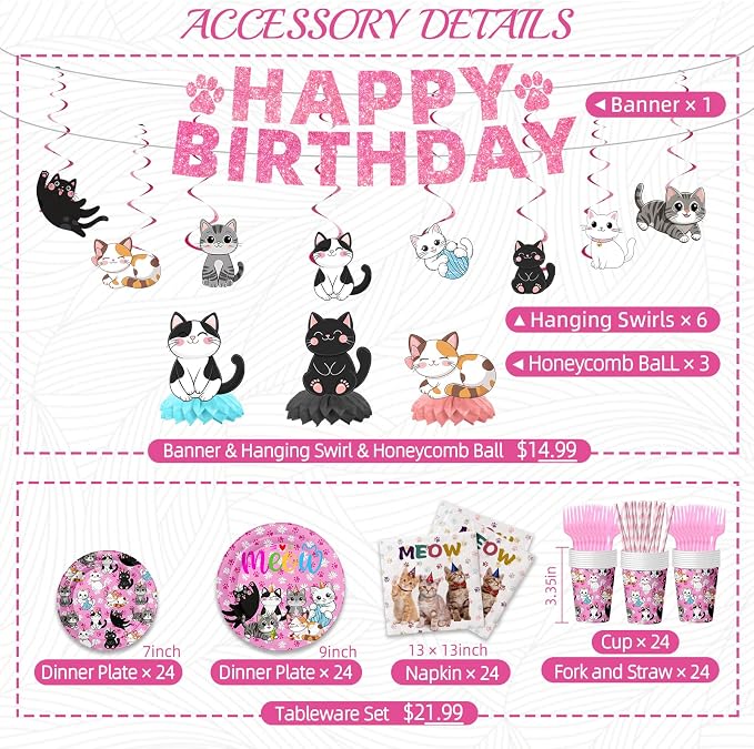 206PCS Cat Party Supplies Set - Complete Cat Themed Birthday Party Decorations with Plates, Cups, Napkins, Tablecloth, Honeycomb Centerpieces,Banner & Balloon and Hanging Swirls