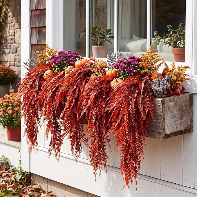 Daifunli 12 Pcs Artificial Fall Hanging Plants Fake Hanging Ferns Plastic Autumn Faux Plants for Wall Room Garden Garland Indoor Outdoor Decor No Basket (Fall Boston =)