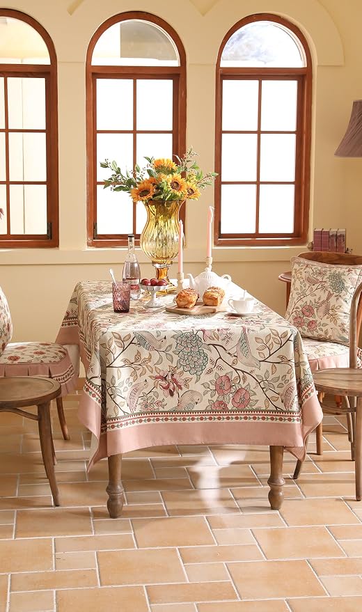 patdrea Vintage French Linen Tablecloth,Square,67"x67"-Kulom A | Elegant Table Cloth for Square Table,Leaves and Bird Patterned,Dining Room Tea Party Thanksgiving Decor,Pink