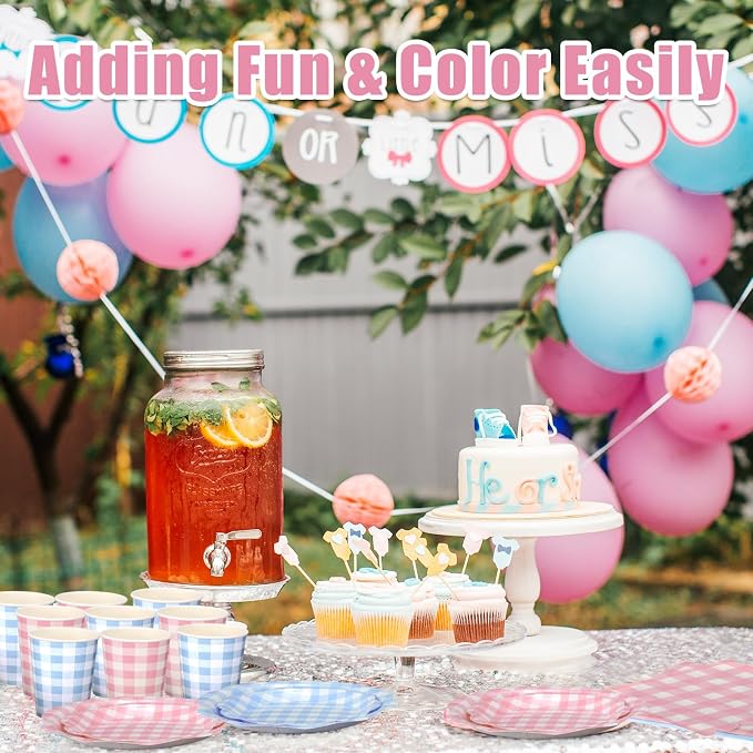 Funnymoom 400 Pcs Gingham Party Supplies for 50 Guests Pink and Blue Paper Plates and Napkins Set Knives Spoons Forks Cups Disposable Dinner Party Cutlery for Gender Reveal Baby Shower Birthday