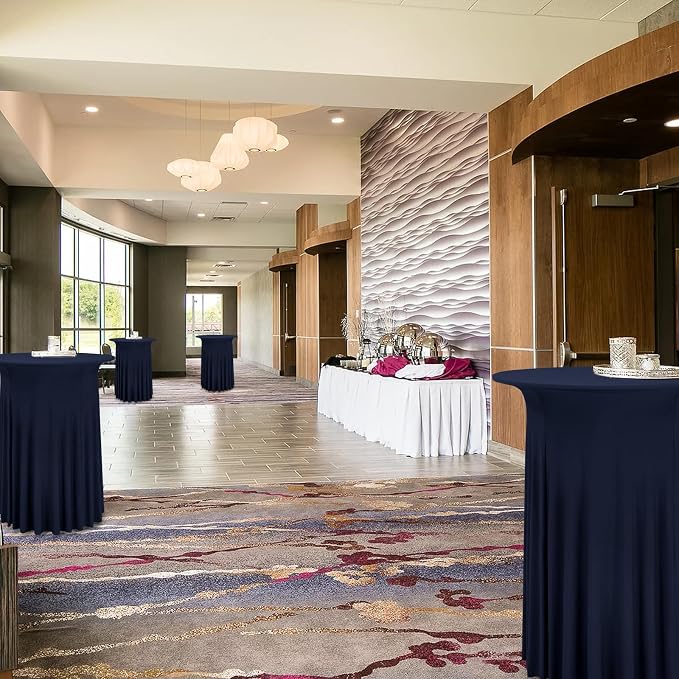 6 Packs Round Cocktail Table Skirt 32"x 43" Spandex Stretch Cocktail Tablecloth with Wavy Drapes, Navy Blue Spandex Fitted High Top Table Covers for Wedding Bar Party Birthday Banquet Tables