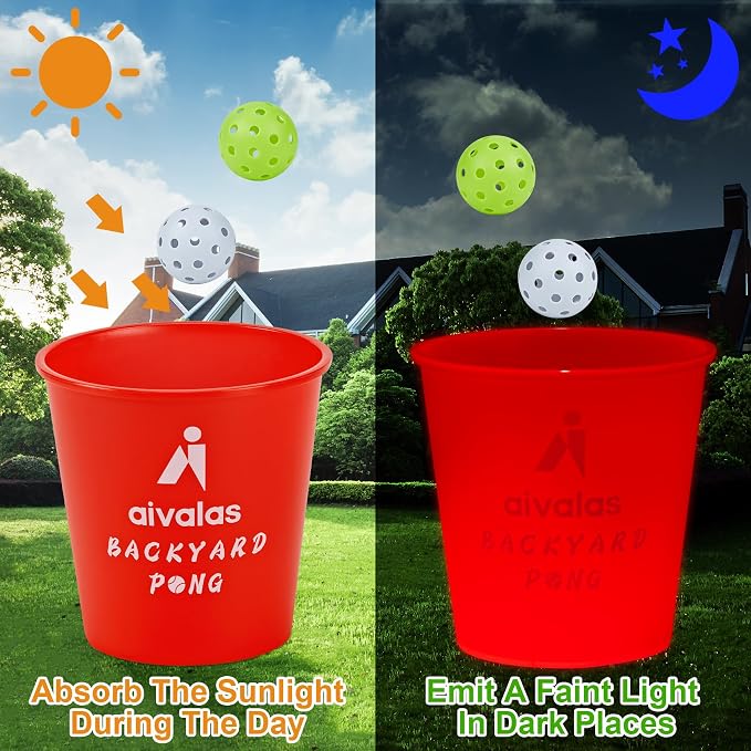 Aivalas Yard Pong Outdoor Games Glow Set in Dark, Giant Yard Pong Game for Adults and Family with 12 Buckets, 4 Balls and a Carrying Bag, Giant Pong for Beach, Camping, Lawn and Backyard