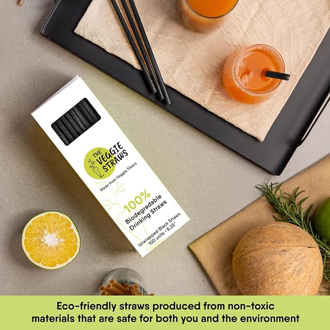 The Veggie Straws – 100 PCS of 8.25 Inches Unwrapped Biodegradable Black Straws – Made of Vegetable Fibers, Best Environment Friendly Drinking Straws for Hot and Cold Beverages