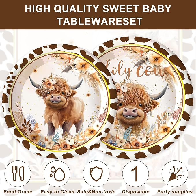 120PCS Boho Highland Cow Party Supplies for Boys girls Holy Cow Highland Themed Baby Shower Birthday Party Decorations Tableware Set Plates Napkins Cups Set for 20 Guests