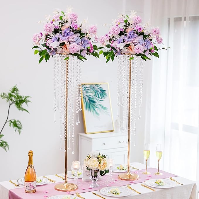 Tall Vases Wedding Centerpieces for Tables - 39.4" Gold Flower Vase with Chandelier Crystal, Centerpiece Table Decorations, Metal Flower Stand for Wedding, Reception, Party, Events, Home Décor, 2 Pcs