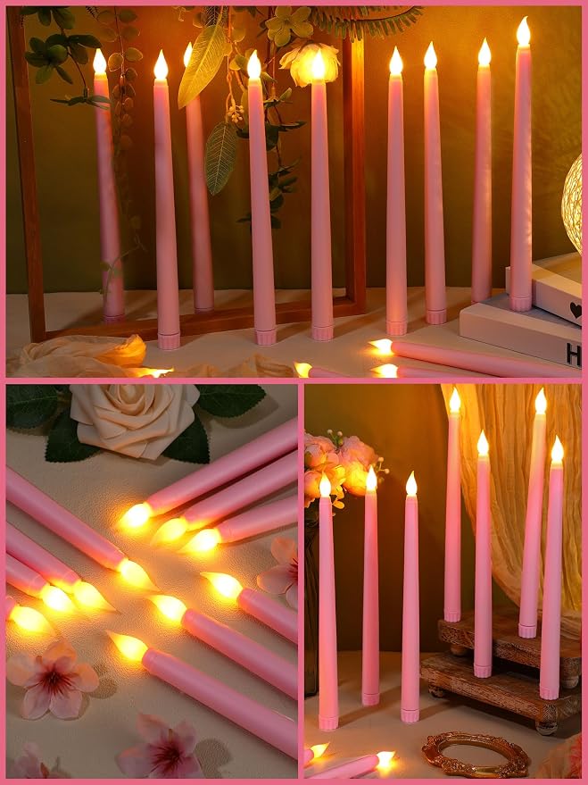 Funtery 48 Pcs Flameless LED Taper Candles Battery Operated Candles Bulk Realistic LED Candlesticks Flickering for Wedding Church Party Home Decor(Pink,11 Inch,Classic Style)